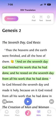 Bible reader showing Genesis 2 with highlighting and audio