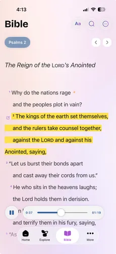 The Bible reader open at Psalm 2, several verses highlighted, with an audio player at the foot of the screen.