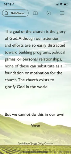 A short written devotion over green hills.