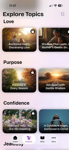 The Explore Topics screen, showing study plans grouped under Love, Purpose and Confidence.