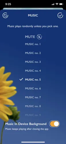 The Music screen listing nine tracks, with music in the background switched on.