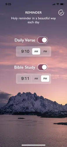 The Reminder screen with Daily Verse at 9:10 AM and Bible Study at 9:11 PM switched on.