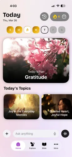 The Today screen showing the day’s plan and two topic cards with photographs.