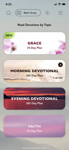 The Read Devotions by Topic list: Grace, Morning Devotional, Evening Devotional and Faith plans.