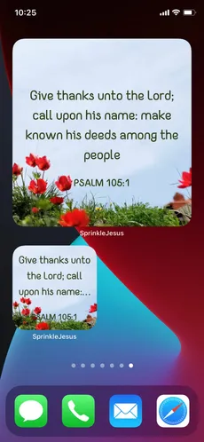 An iPhone Home Screen with two verse widgets showing Psalm 105:1 over red flowers.