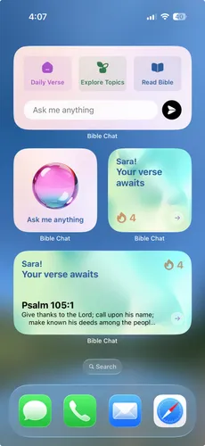 An iPhone Home Screen showing Bible Chat widgets, including a verse from Psalm 105:1.